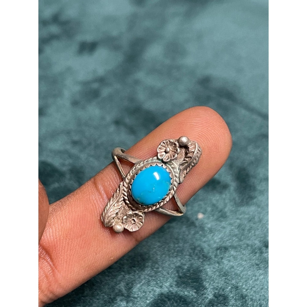 Vintage Southwestern Turquoise Floral Leaf Silver Tone Statement Ring Size 7
